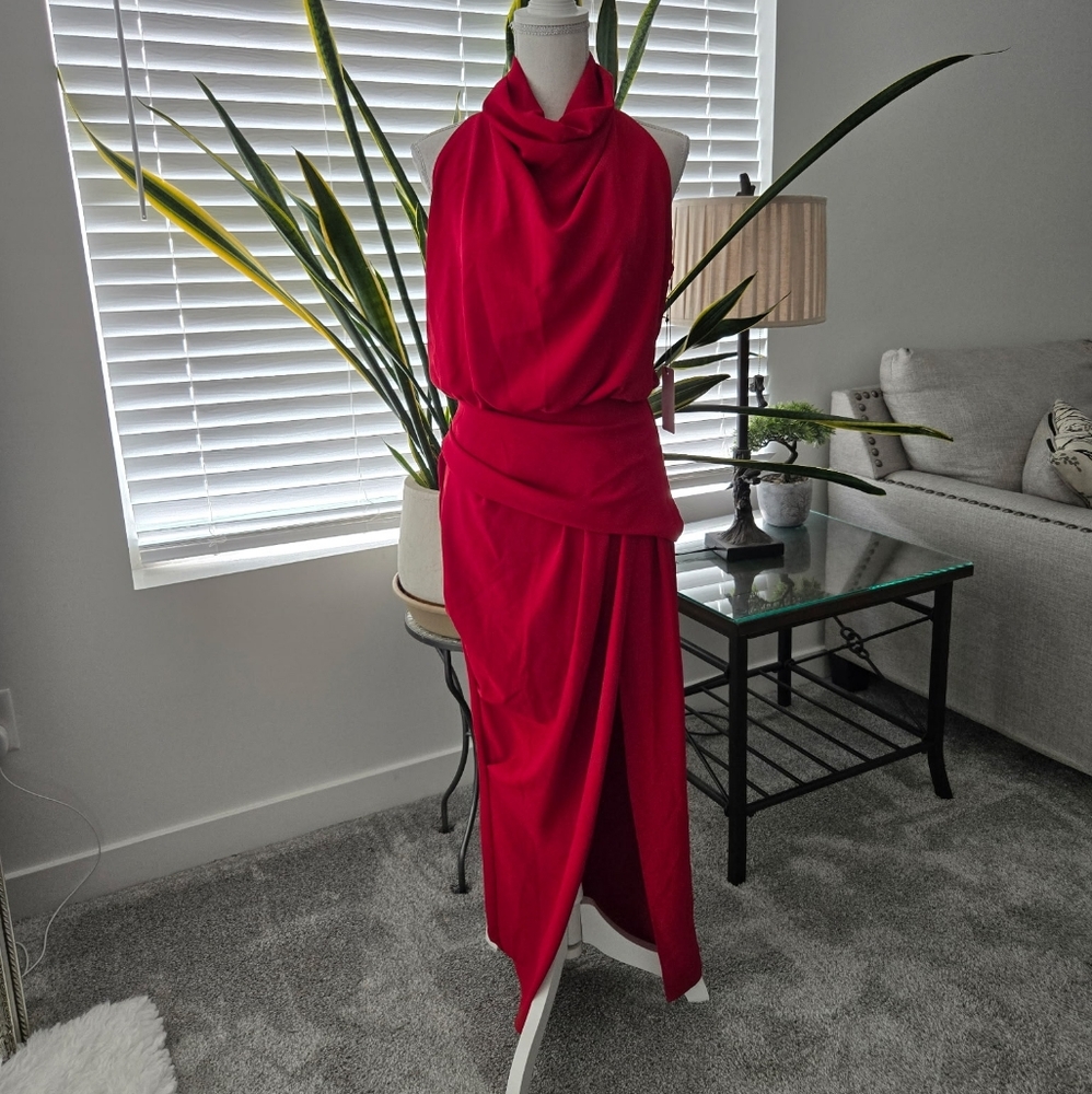 Line & Dot Red Halter Midi Dress